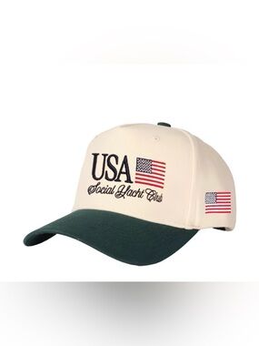 USA Social Yacht Club Embroidered Cap - Cream & Forest Green